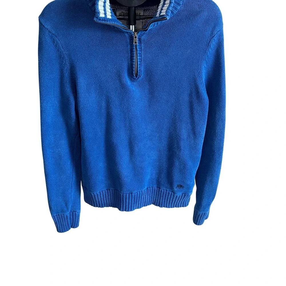 Aeropostale Mens Quarter Zip Mock Neck Pullover Sweater Blue Striped Collar Sz L
